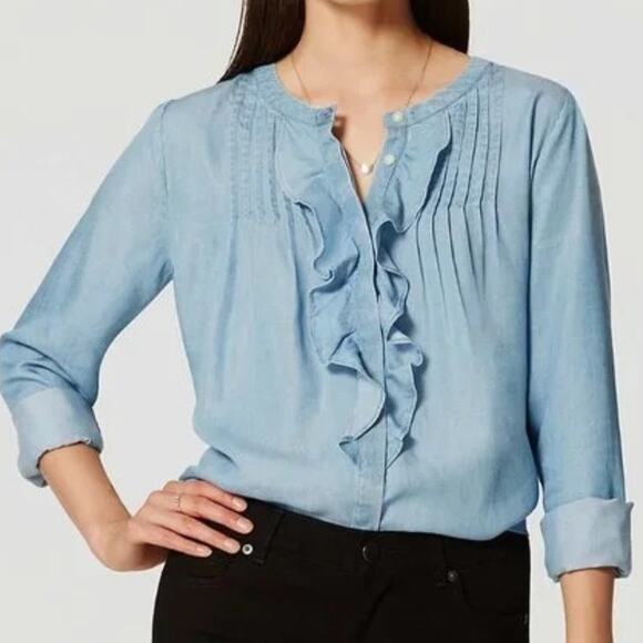 LOFT Ruffled Long Sleeve Chambray Lyocell Button Down Size Medium - Picture 1 of 5